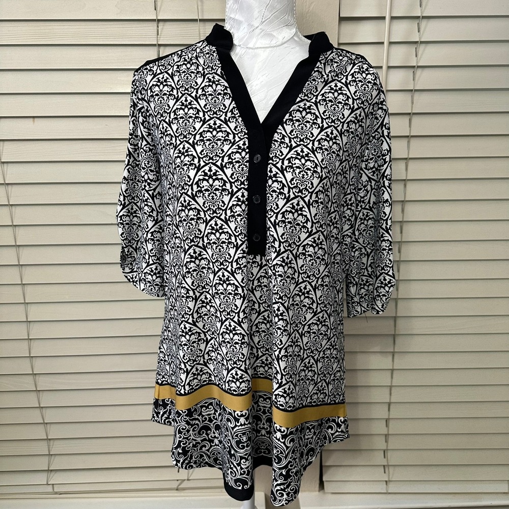PerSeption Concept Tunic Women Large Black Damask 3/4 Sleeve V-Neck RA184 Top